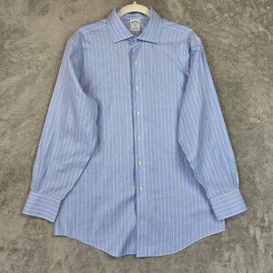 Brooks Brothers Dress Shirt Mens 16.5 Blue Stripe Slim Fit Non Iron 346 Cotton